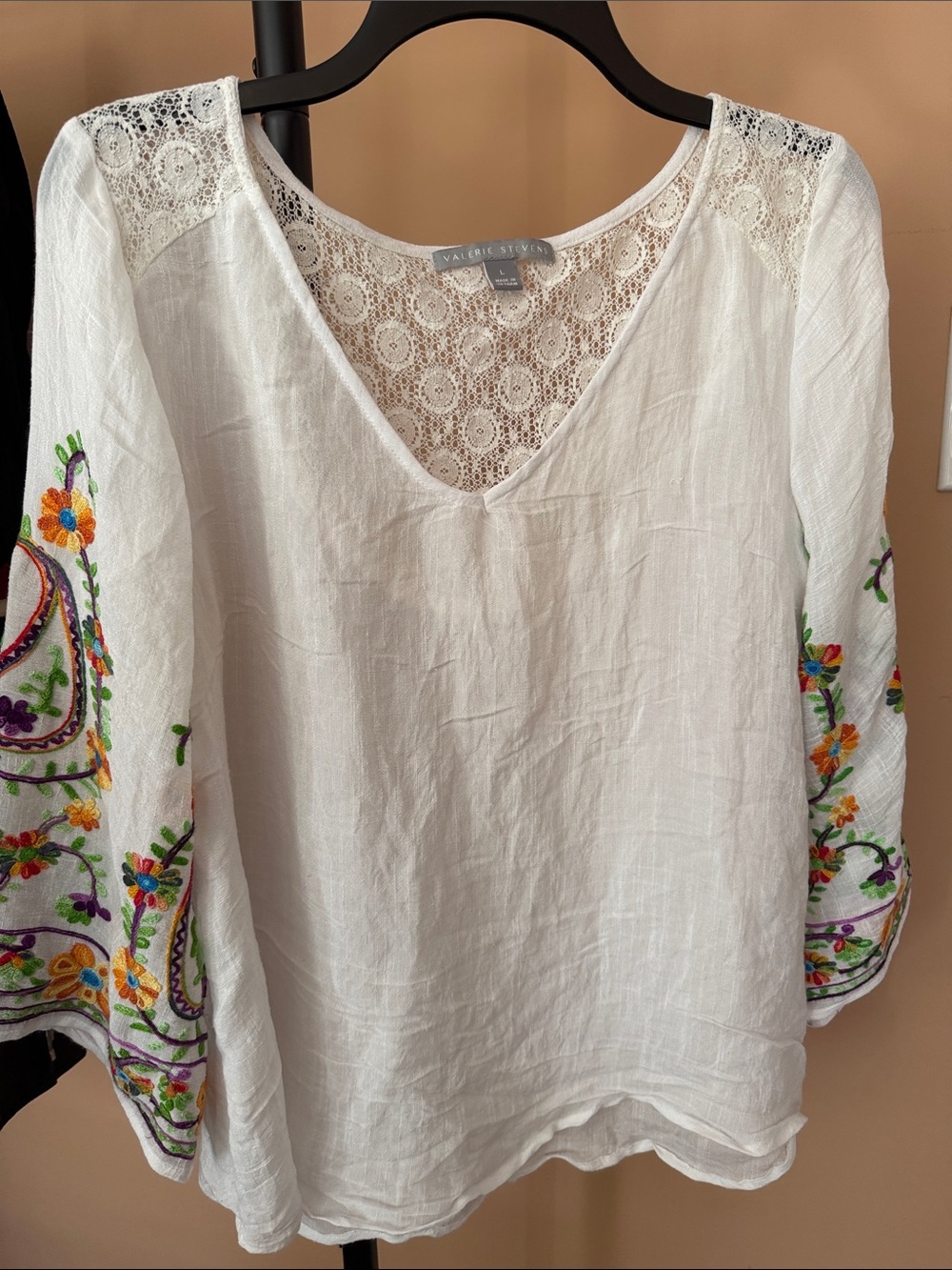 Valerie Stevens White V-Neck Tunic with Colorful Embroidered Sleeves